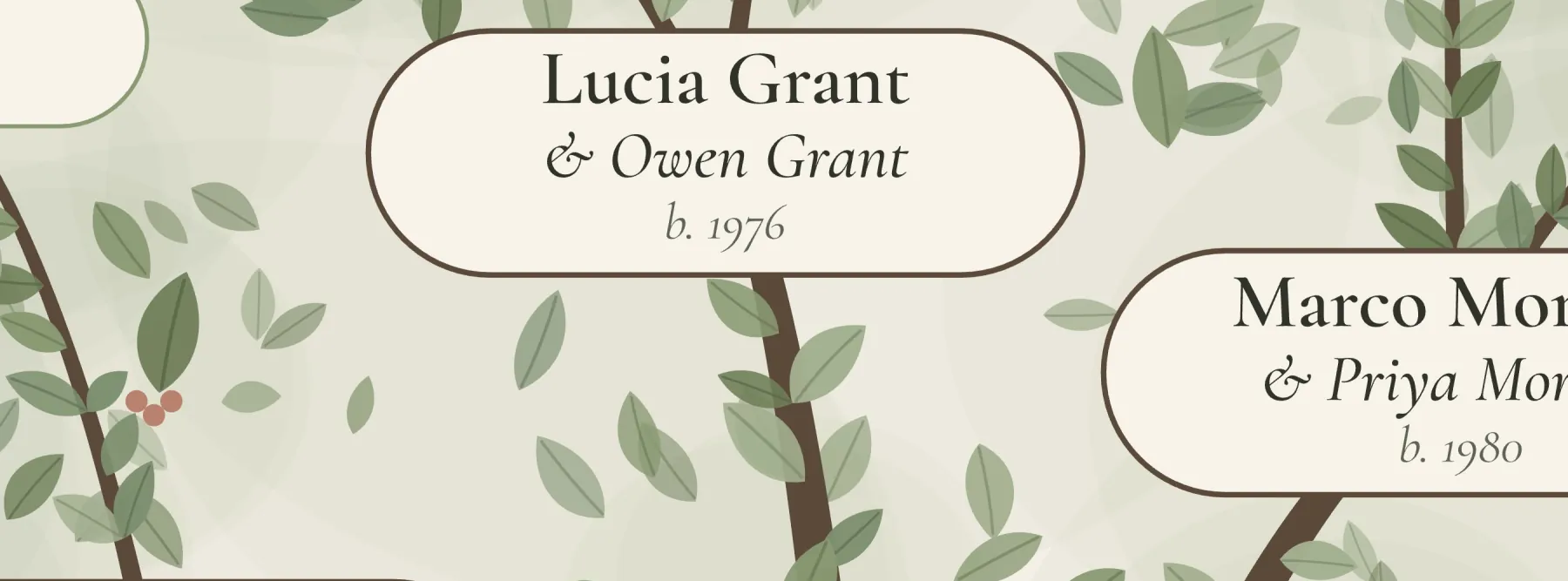 Close-up of names set on the branches of a botanical tree